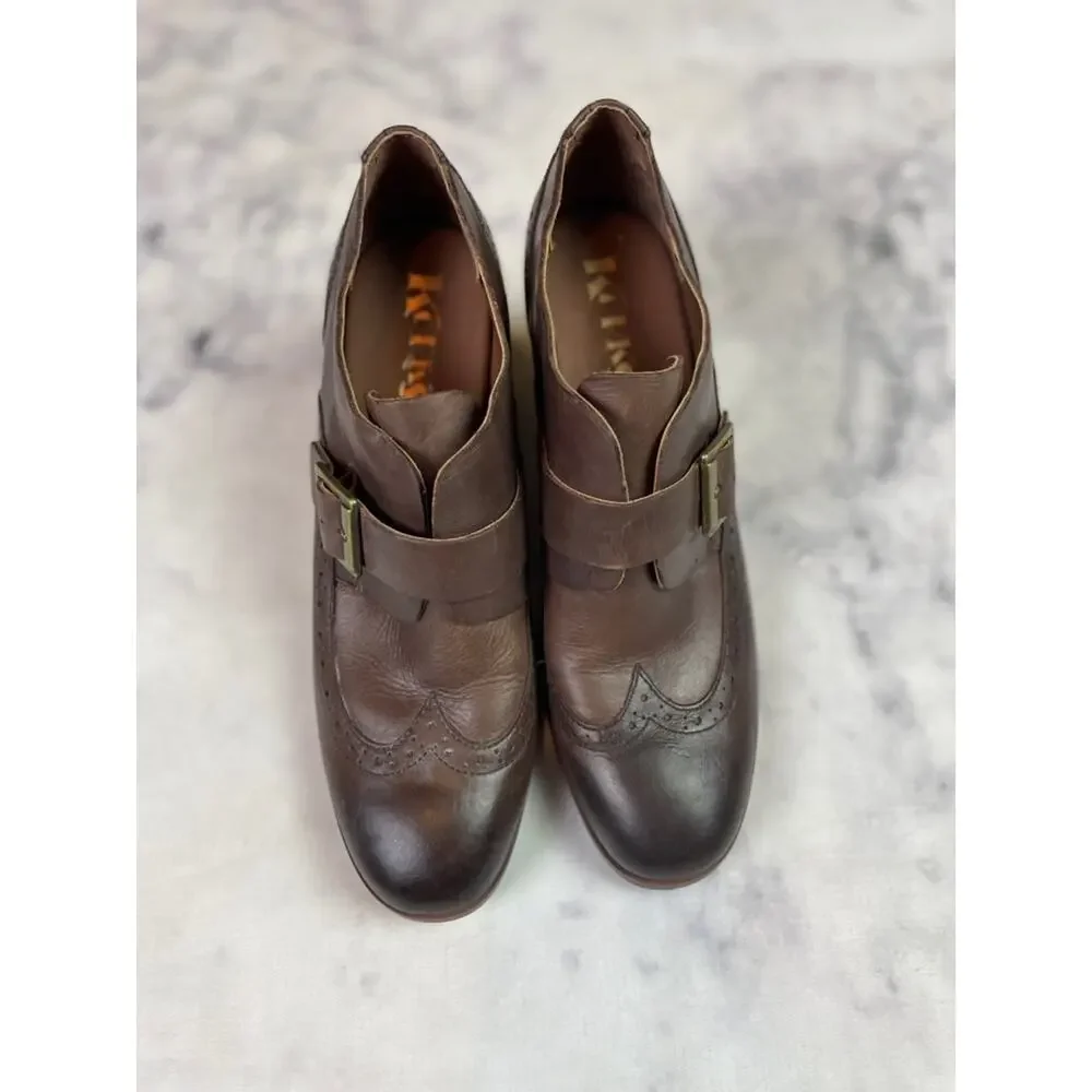 KORKS Withrow Monk Strap Block Heel Oxfords Brown Leather Wingtip Sz 9